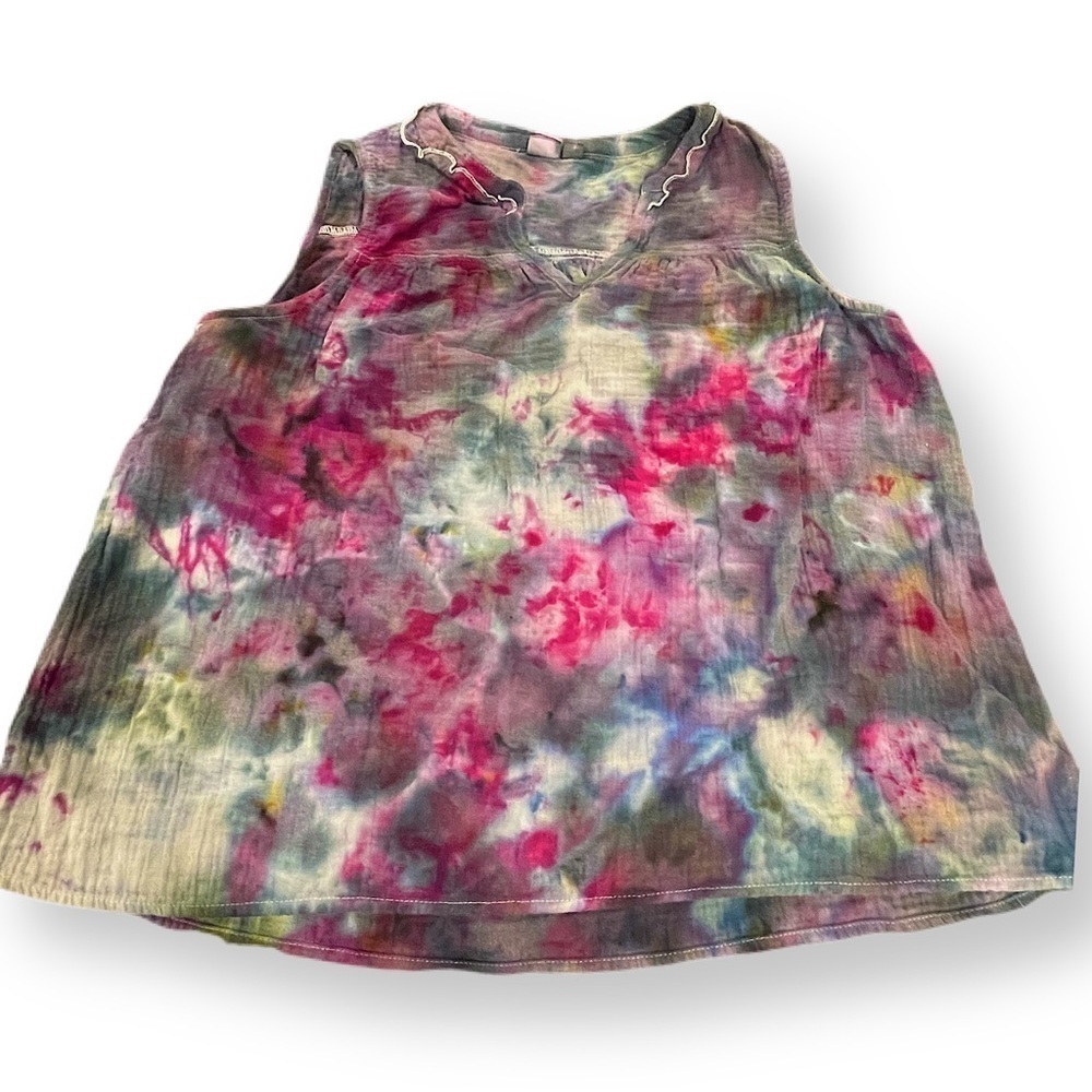 Hand tie dyed sleeveless blouse ruffle collar in stunning thundercloud M
